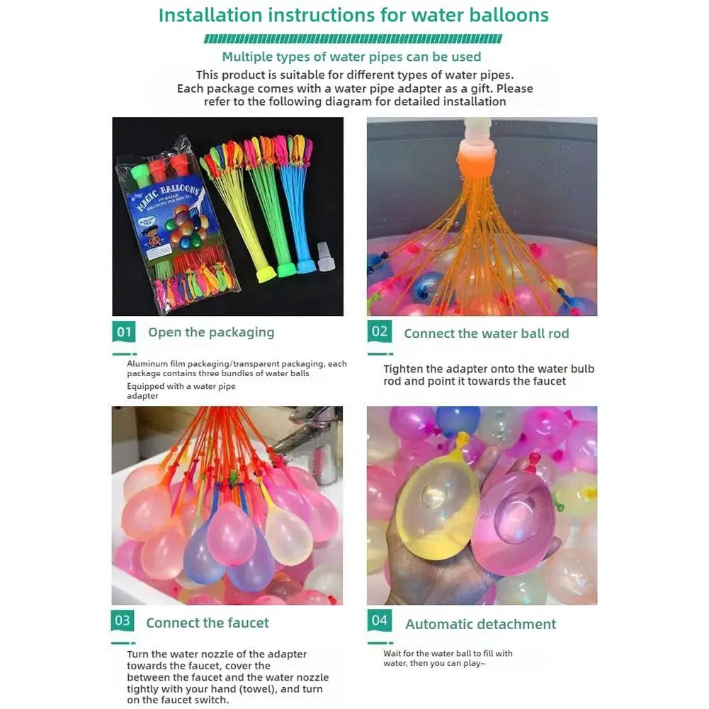 water balloons with quick- filling and self-tying