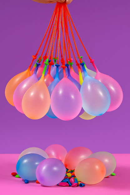 water balloons with quick- filling and self-tying