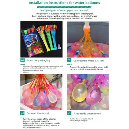 water balloons with quick- filling and self-tying